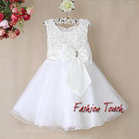 Hot Seller Kids Party Dress Baby White Flower Princess Dress With Bow Girls Fashion For Children Wear Free Shipping