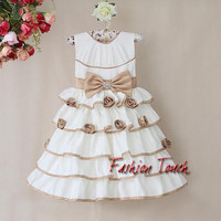 2014 New Design Baby Girls Dress White Polyster And Cotton Dresses With Brown Dress Infant Party Dresses Hot Sale
