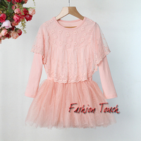 2014 New Year Kids Spring And Fall Dresses Baby Girls Pink Cotton Princess Lace Chiffon Dresses For Children Wear Hot Sale