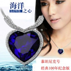 Fashion crystal jewelry Wholesale Big size Sapphire titanic heart of the ocean white Gold Plated Blue