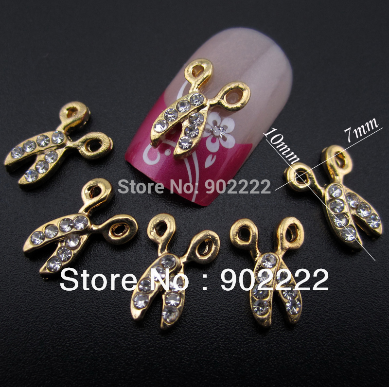 3D Alloy Glitters Rhinestone scissors gold plated Nail Art Decoration DIY metal nail jewelry 10pcs