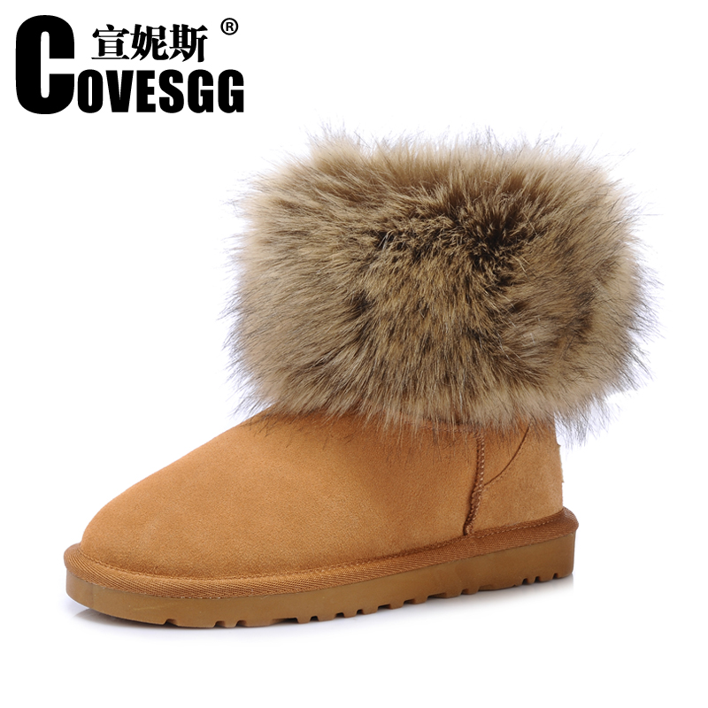 Large fox fur snow boots women s shoes genuine leather cowhide thermal boots cotton padded shoes