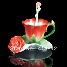 Ceramic Greenery Red Rose Coffee Set/Tea Cup Saucer Spoon Weddings Gift