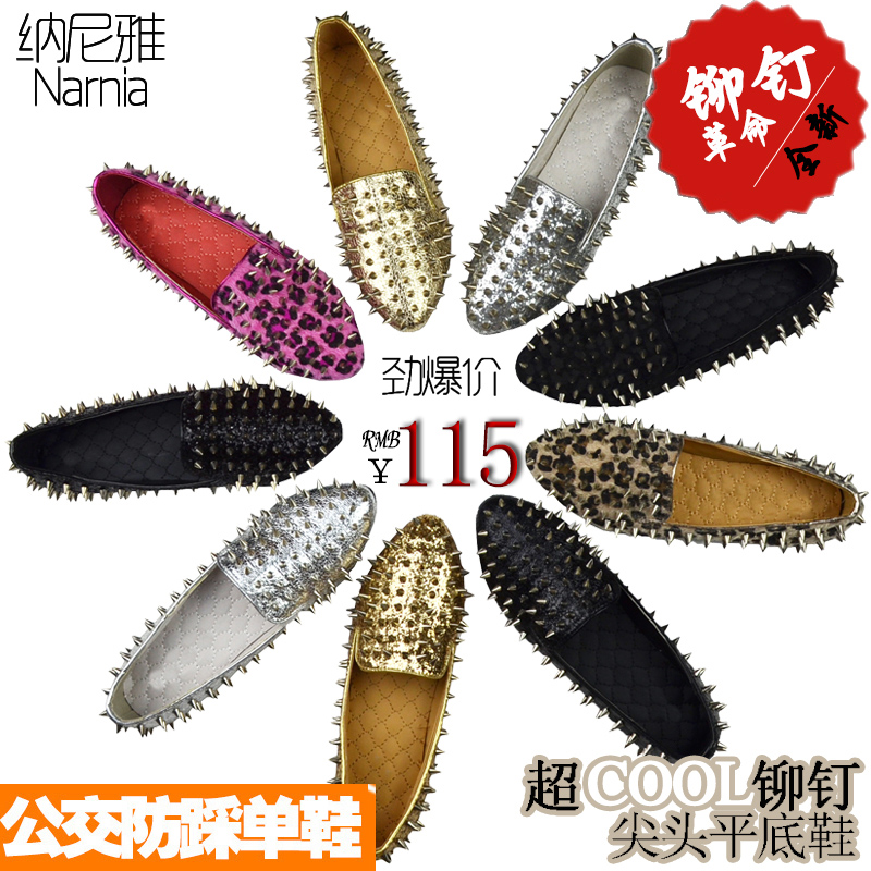 2013 summer punk pointed toe paillette leopard print flat hedgehogs3 shoes women s shoes rivet shoes