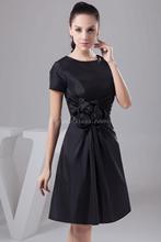 black natural waist jewel knee length ruched taffeta cocktail dress