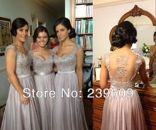Sexy Luxury Bridesmaid Dresses Bead Embroidery Sheer Back Cap Sleeves Chiffon Bridesmaid Dresses Norma with free Pearls Neckack