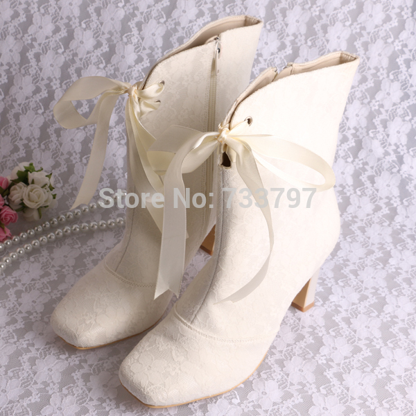 Magic Bride Name Brand Ribbon Bridal Wedding Boots Ivory Lace Short