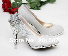 Silver  beautiful Vogue lace Flowers Crystal High Heels Wedding Bridal Shoes