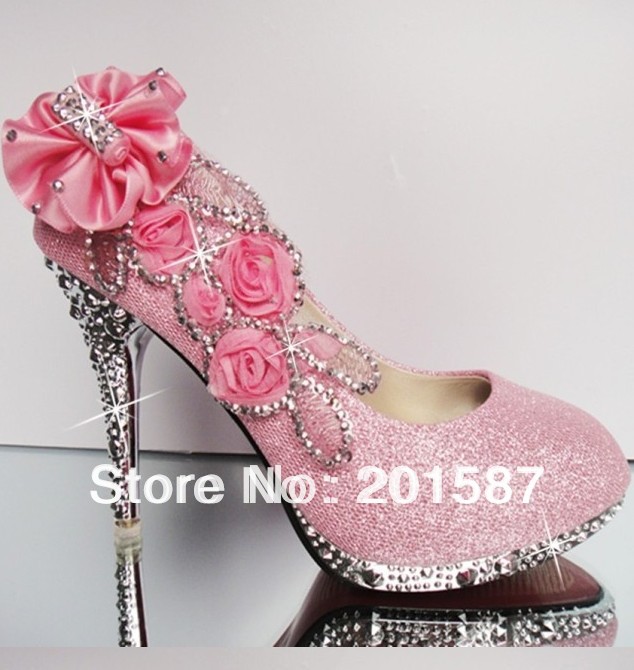 pink beautiful Vogue lace Flowers Crystal High Heels Wedding Bridal Shoes