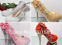 Red   beautiful Vogue lace Flowers Crystal High Heels Wedding Bridal Shoes