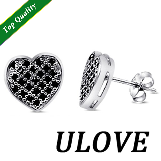 925 Sterling Silver Black Simulated Diamond Heart Love Stud Earrings for Women Fashion Earring 2014 Free