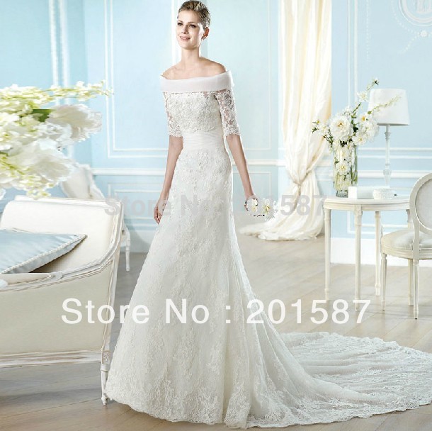 Word shoulder fishtail wedding dress 2013 new winter sweet princess sleeve lace wedding dress trailing Slim