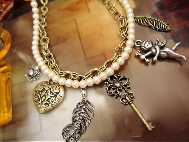 6pcs lot Wholesale Bronze Heart Key Crown Leaf Cupid pearl and metal Double Chain Necklace