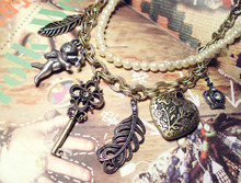 6pcs lot Wholesale Bronze Heart Key Crown Leaf Cupid pearl and metal Double Chain Necklace