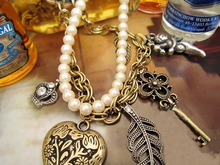 6pcs lot Wholesale Bronze Heart Key Crown Leaf Cupid pearl and metal Double Chain Necklace