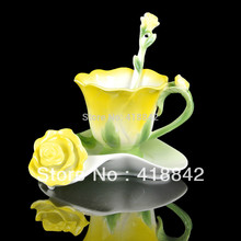 Ceramic Greenery Yellow Rose Coffee Set/Tea Cup Saucer Spoon Weddings Gift