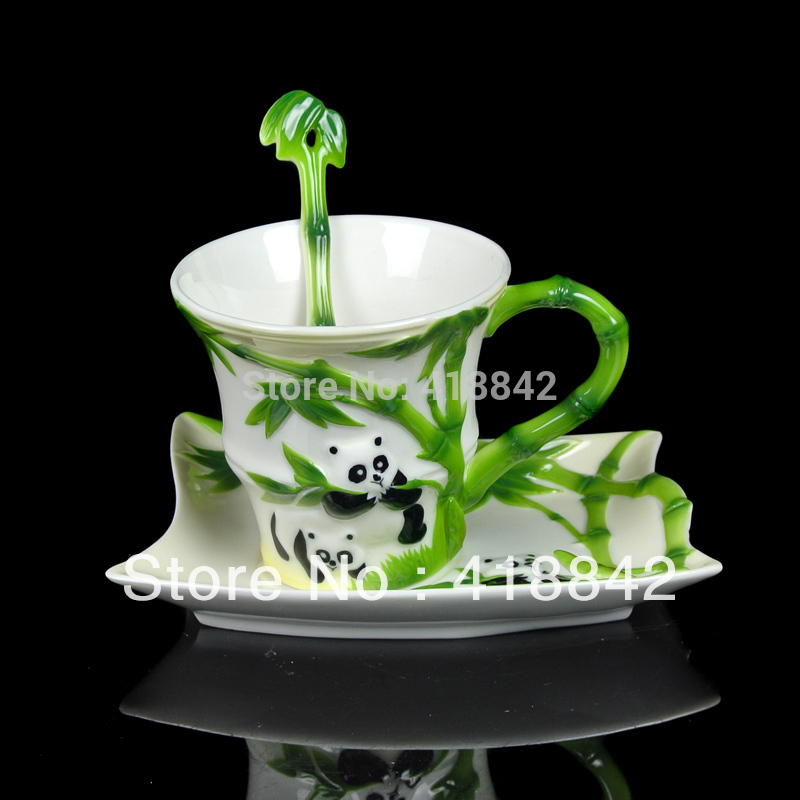 Ceramic panda eating bamboo Coffee Set Tea Cup Saucer Spoon Christmas Gift
