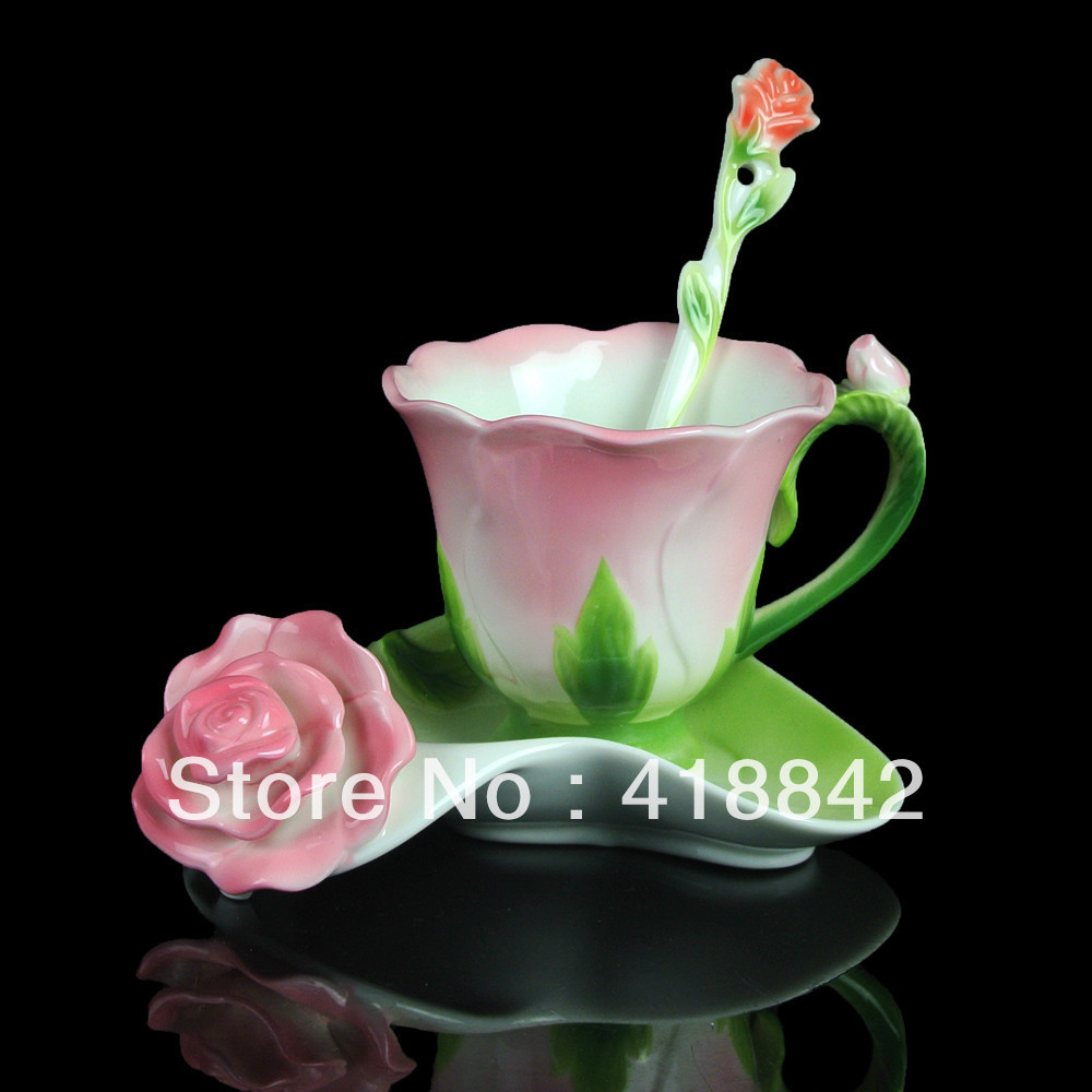 Ceramic Greenery Pink Rose Coffee Set Tea Cup Saucer Spoon Weddings Gift