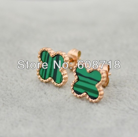 2014 Spring Fresh Green Four Leaf Clover Stud Earring 18K Rose Gold Plated Metal and Green