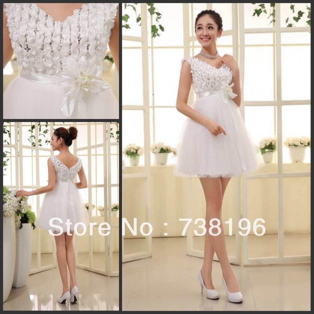 ... neck white Bridesmaid Dresses short with flowers sequined under  50