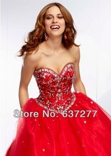 2014 Red Beading Sweetheart Sleeveless A Line Floor Length Lace up Organza Evening Dresses Custom Size