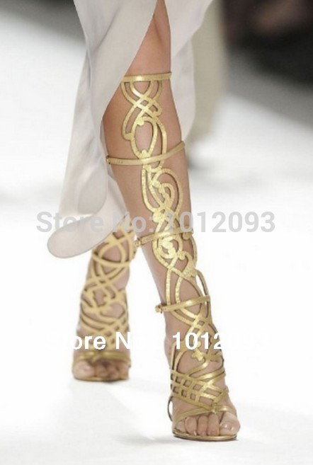 New-Designer-Gold-Hollow-Knee-High-Boots-High-Heels-Gladiator-Sandal ...