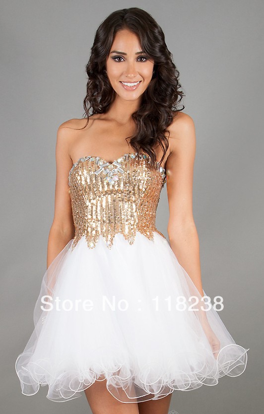 new shinning white and gold sequins short tulle prom dress damas dress ...