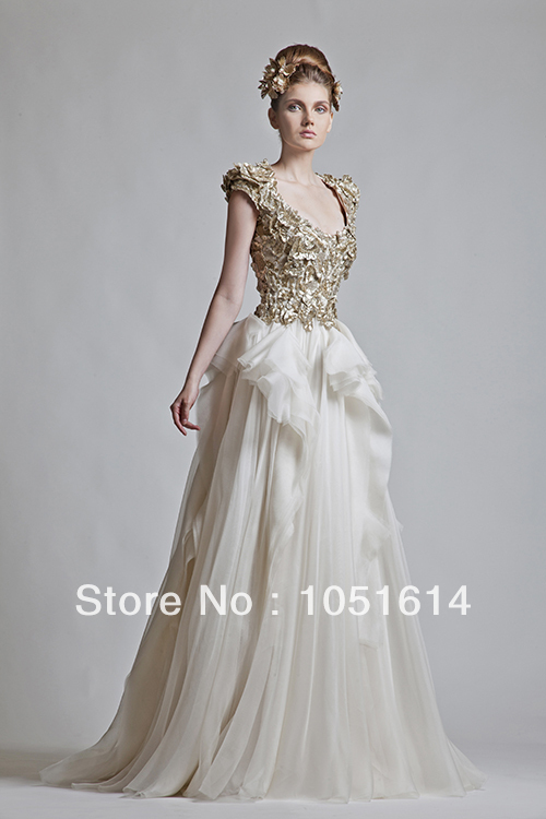 Gold-And-White-A-line-Cap-Sleeve-Wedding-Dress-By-Designer-Krikor ...