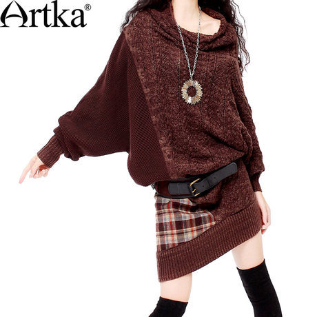 Artka-Women-s-Asymmetric-Batwing-Sleeve-Boat-Neck-Plaid-Loose-Knit ...