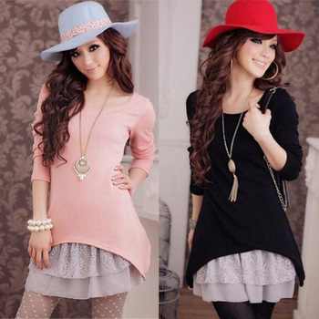 2014 Autumn Fashion Korea Twinset Knit Cotton Mini Dress Women,Plus Size Long Sleeve Lace Crochet,Free Shipping Pink/Black LW322