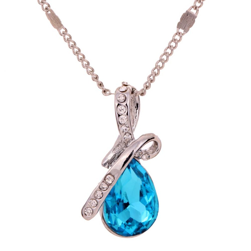 Blue Crystal Teardrop Blue Crystal Pendant Silvery Necklace Chain Love Women Gift For Valentine s Day