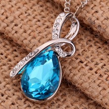 Blue Crystal Teardrop Blue Crystal Pendant Silvery Necklace Chain Love Women Gift For Valentine s Day