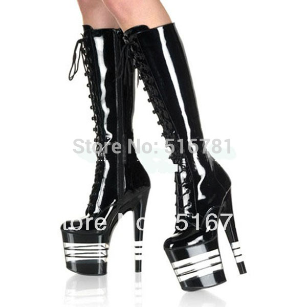 20cm Spike Heel Knee High Boots fashion women s motorcycle boots 8 inch Crystal shoes Stripe