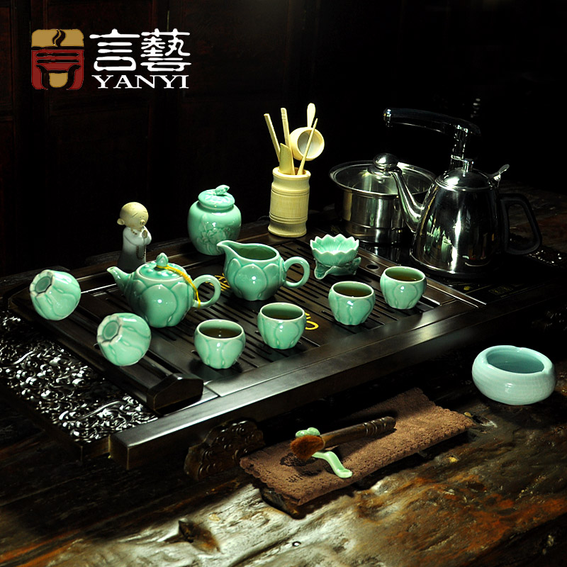 Celadon tea set kung fu tea set porcelain tea four in one rapid pot solid wood
