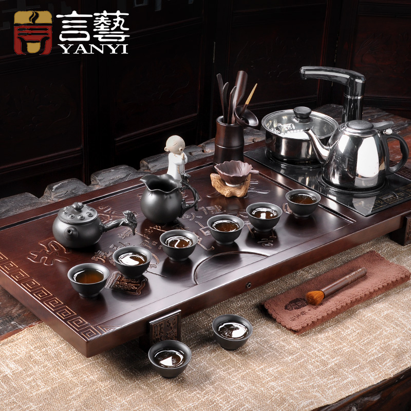 Kung fu tea set yixing tea ceramic tea set four in one induction cooker solid wood