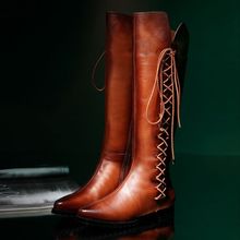 Autumn and winter cross lacing flat genuine leather women boots plush fashion cowhide leather long boots