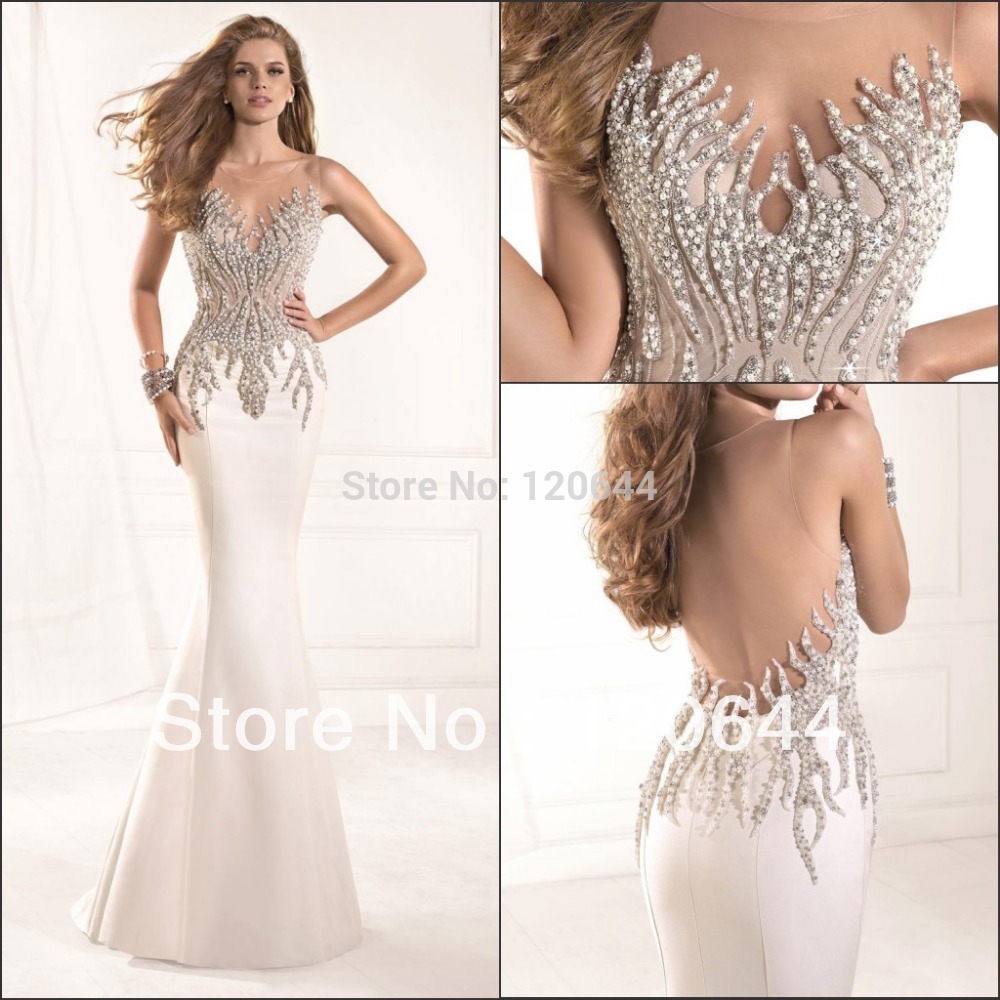 2015 Hot Sale Evening Dress Mermaid Crystal Sparking Open Back White ...