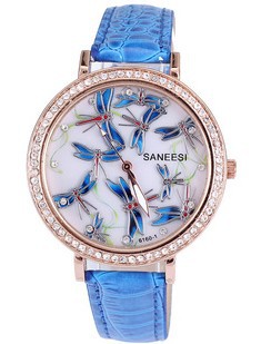2014 Hot sale fashion watch beautiful blue dragonfly diamond jewelry snake crystal leather strap women quartz