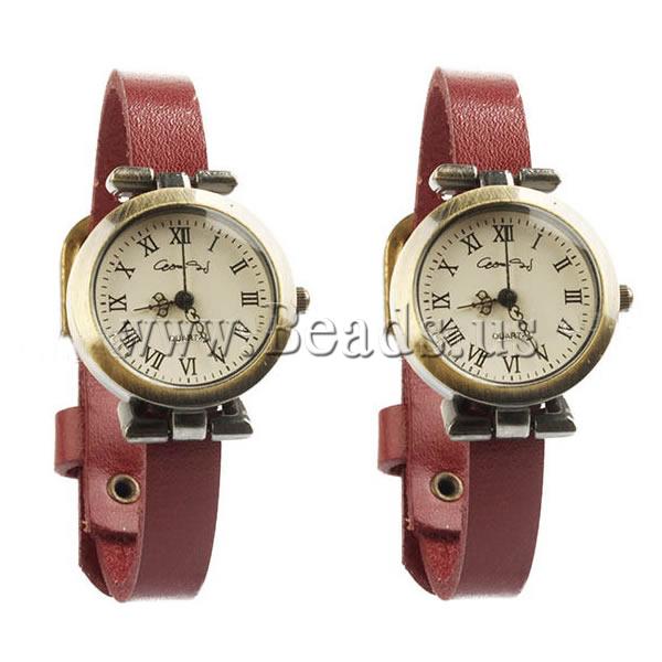 Free shipping Cowhide Watch Bracelet Women Jewelry with zinc alloy dial antique bronze color plated red