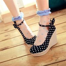 New 2014 spring sweet bow polka dot platform straw braid wedges high-heeled single women shoes