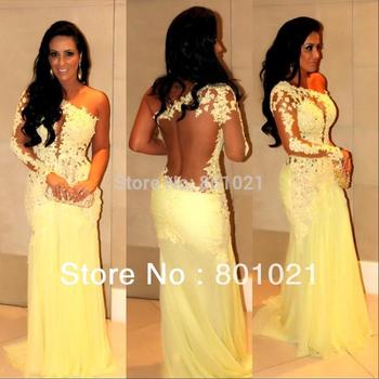 Бесплатная доставка одно плечо видеть сквозь кружева желтый русалка пром вечернее платье свадебные платья Formales 2014