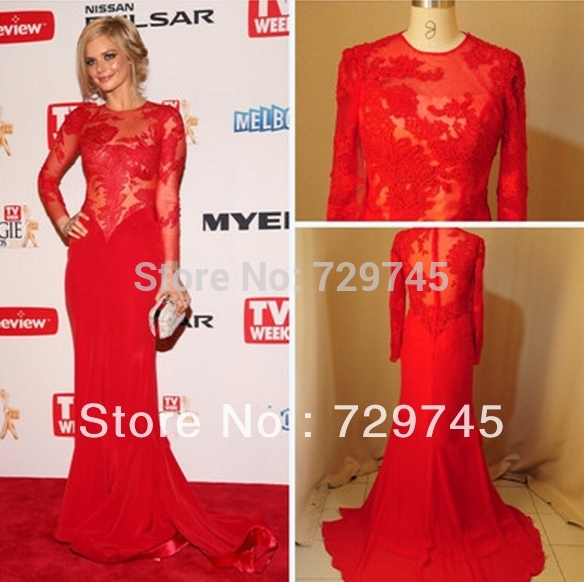 ... Red-Carpet-Dress-Samara-Weaving-Chiffon-Applique-Long-Sleeves