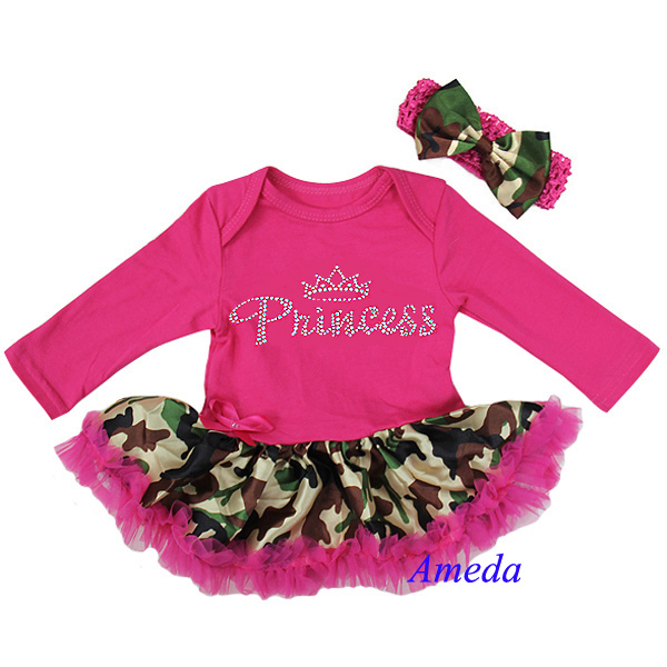 690 New baby headband hong kong 141 Baby Hot Pink Camo Rhinestone Princess Long Sleeves Bodysuit Jumpsuit   