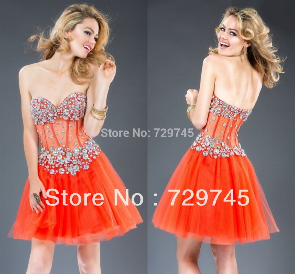 2014 New Arrival Sexy A Line Sweetheart Beading Crystal Orange Organza Short Orange Sheer Cocktail Dress
