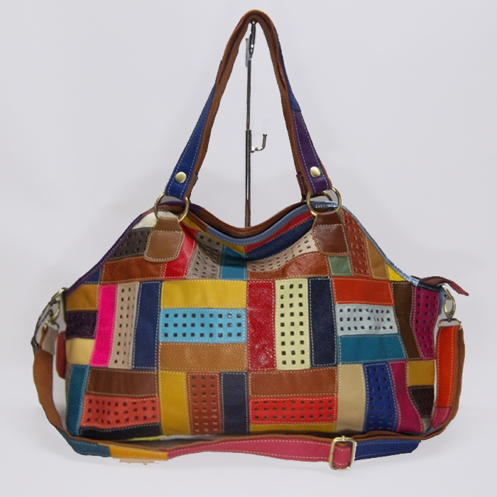 Fashion patchwork colorful bohemina genuine leather tote bags cow leather shoulder bags women 358