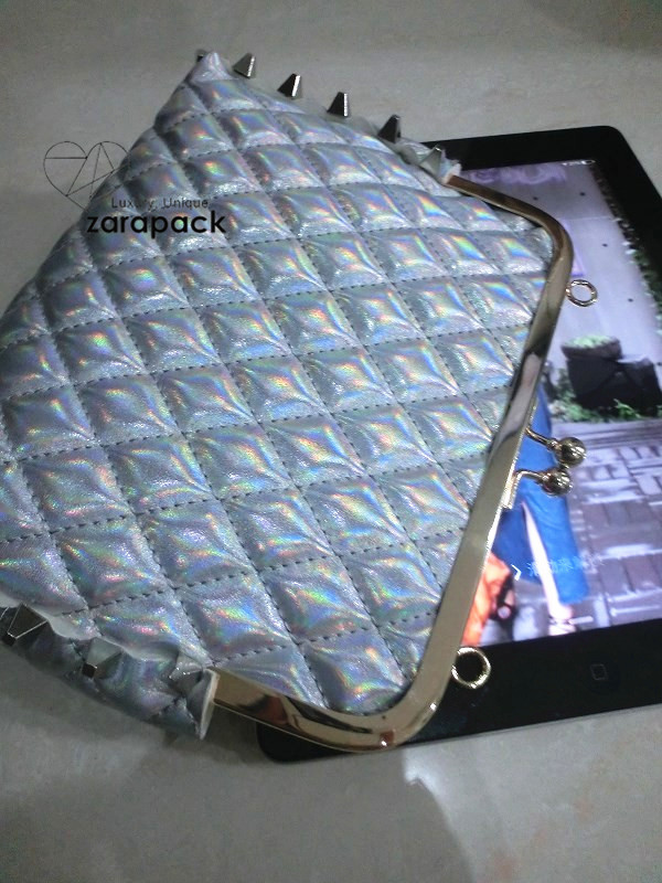 Designer Hologram Quilted Punk Chain Leatherette Shoulder Bag Crossbody Women Handbag IT bag Purse