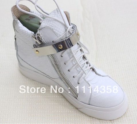 free shipping womens brand real leather white color double zipper metal velcro flat high upper leisure