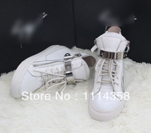 free shipping womens brand real leather white color double zipper metal velcro flat high upper leisure