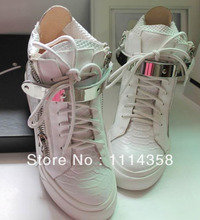 free shipping womens brand real leather white color double zipper metal velcro flat high upper leisure
