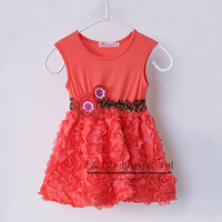 Girls Summer 2014 Cotton Red Rose Dress Elegant Dress With Leopard Print Belt Baby Girl Clothing Kid Wear Free Shipping
